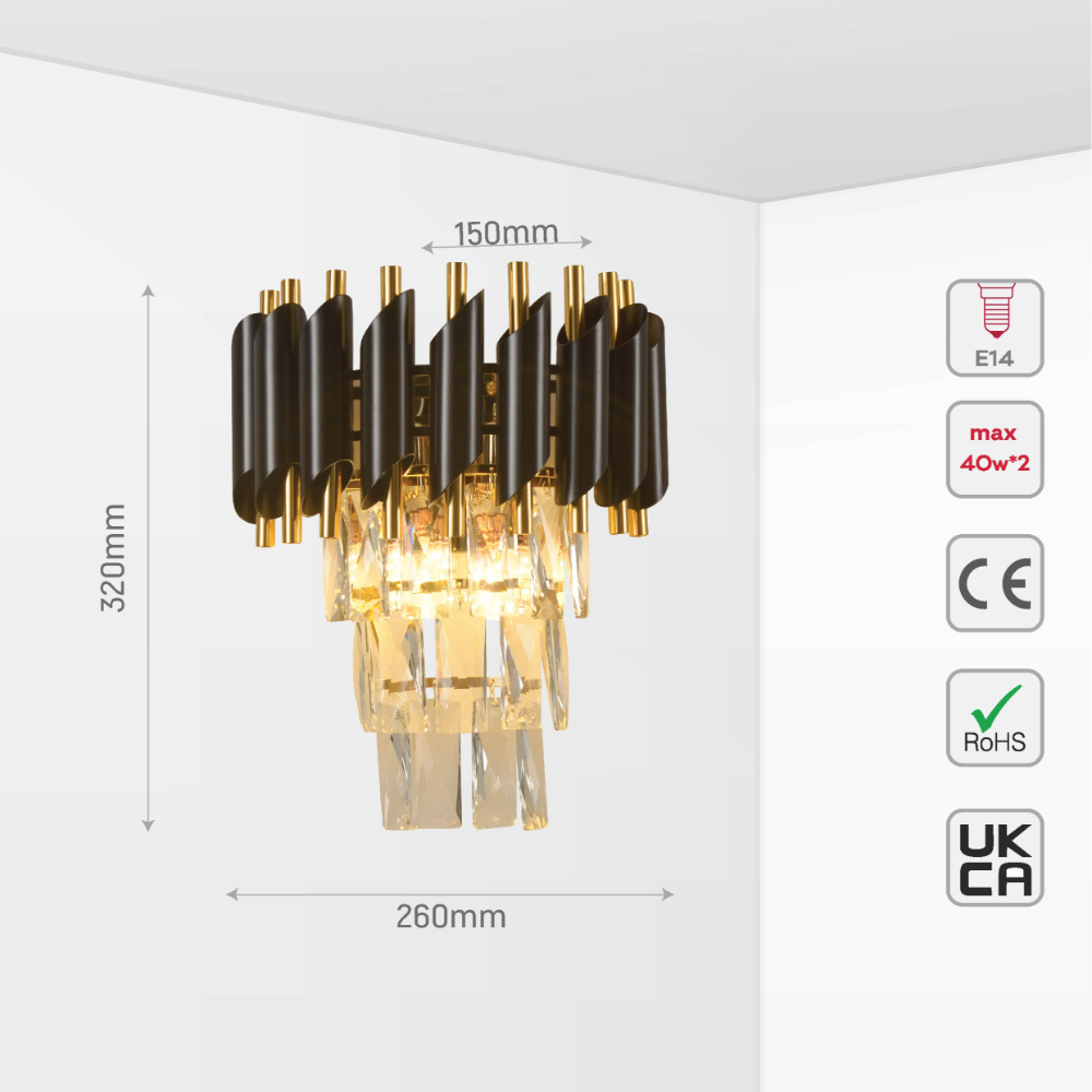 Size and tech specs of Orbit Glow Design 3 Tiered Crystal Wall Sconce Light Black Gold | TEKLED 151-19932