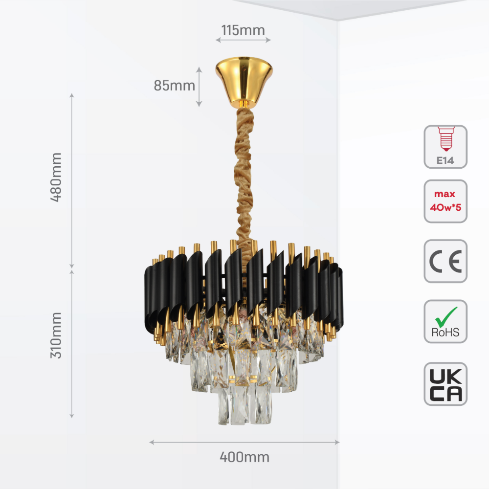 Size and tech specs of Orbit Glow Design Tiered Crystal Modern Chandelier Ceiling Light | TEKLED 159-17882