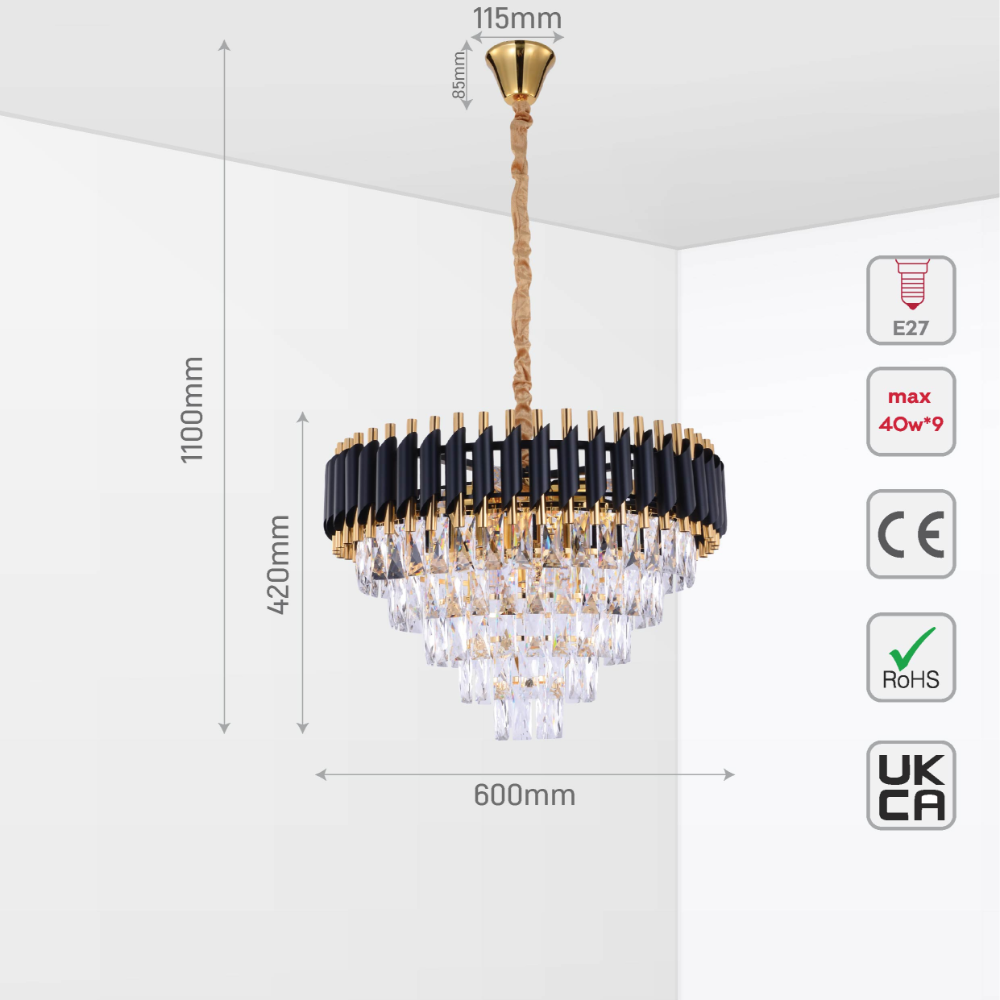 Size and tech specs of Orbit Glow Design Tiered Crystal Modern Chandelier Ceiling Light | TEKLED 159-17884