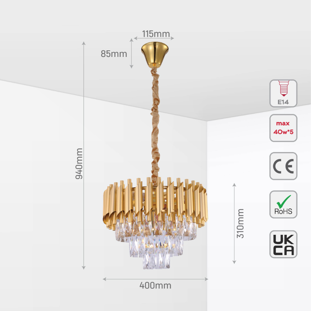 Size and tech specs of Orbit Glow Design Tiered Crystal Modern Chandelier Ceiling Light | TEKLED 159-17890