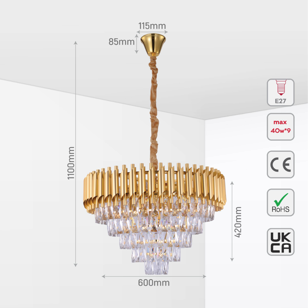 Size and tech specs of Orbit Glow Design Tiered Crystal Modern Chandelier Ceiling Light | TEKLED 159-17892