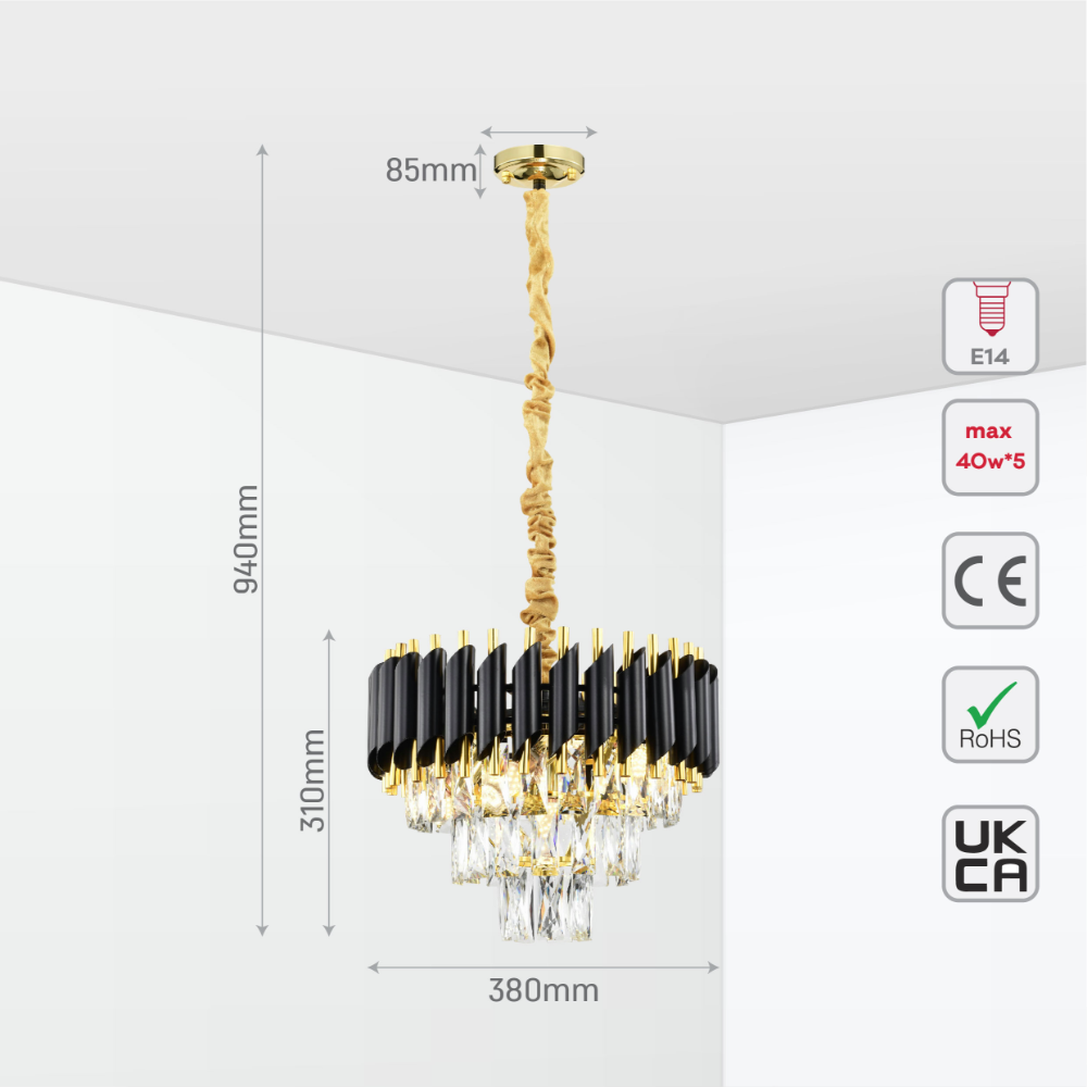 Size and tech specs of Orbit Glow Design Tiered Crystal Modern Chandelier Ceiling Light | TEKLED 159-18027