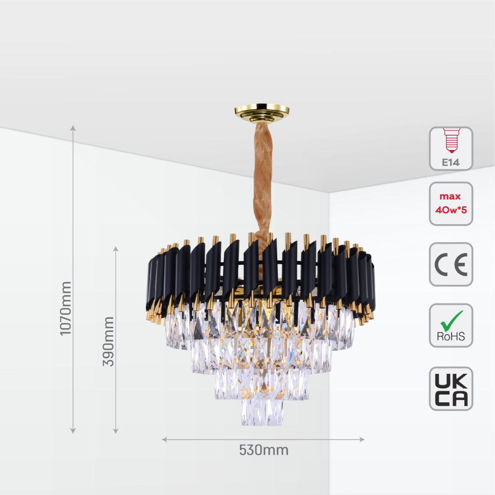 Size and tech specs of Orbit Glow Design Tiered Crystal Modern Chandelier Ceiling Light | TEKLED 159-18029