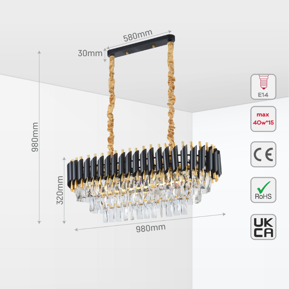 Size and tech specs of Orbit Glow Design Tiered Crystal Modern Chandelier Ceiling Light | TEKLED 159-18032