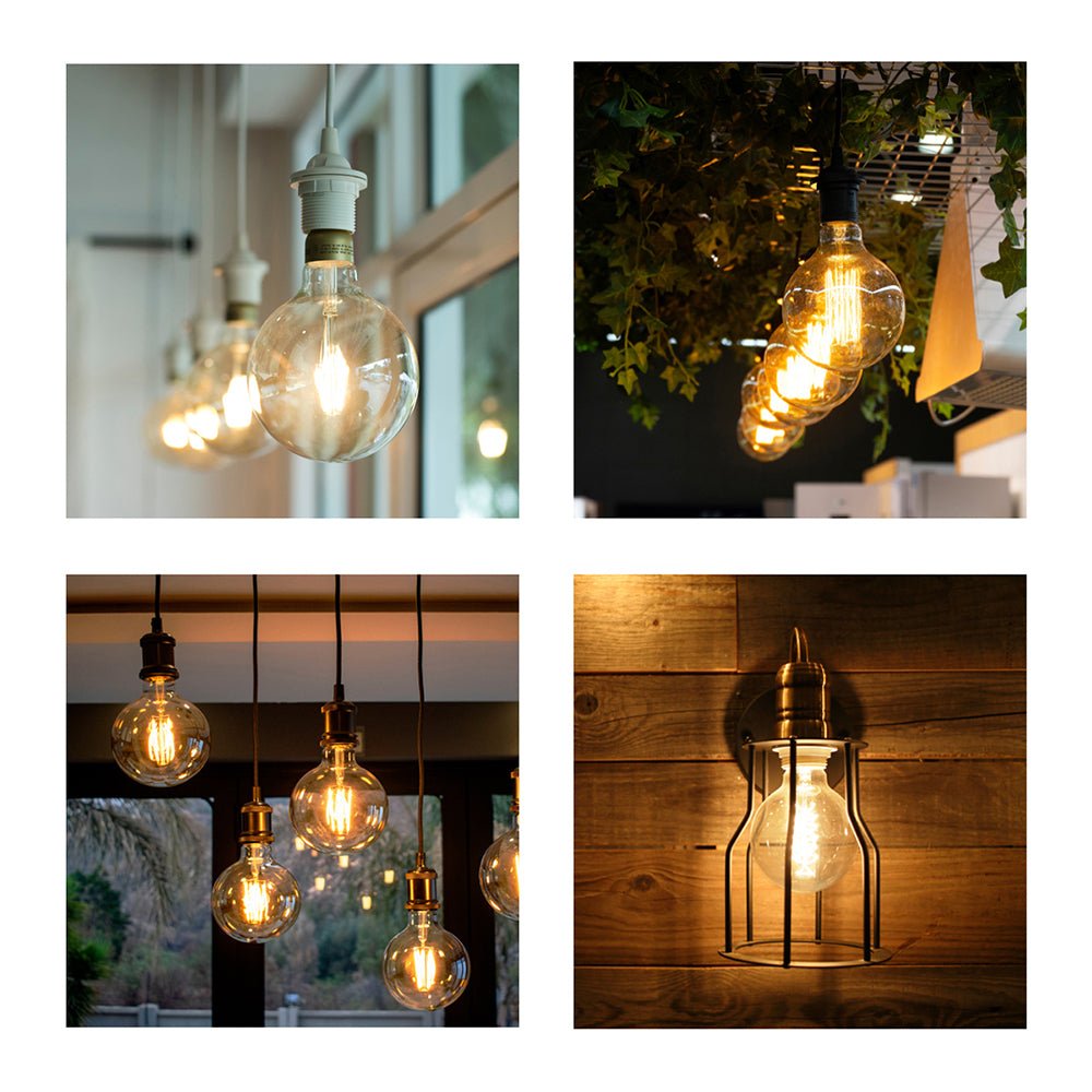 led dimmable filament bulb globe g95 e27 edison screw 6w 600lm warm white 2500k amber pack of 2 in use in lamps and standalone