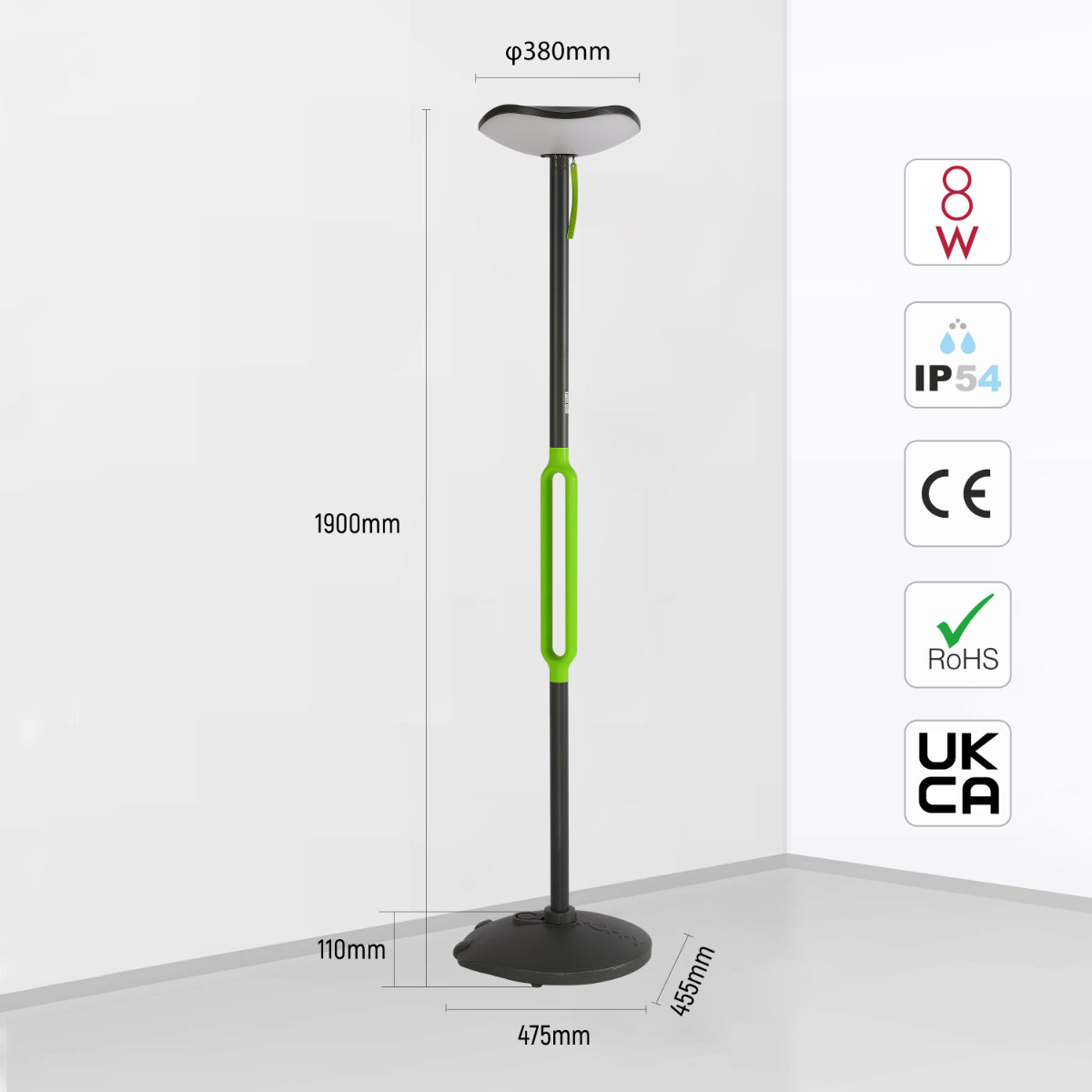 Size and certifications of Poppy LED Solar Garden Post Light with Bluetooth Speaker Dark Grey IP54 240-035021