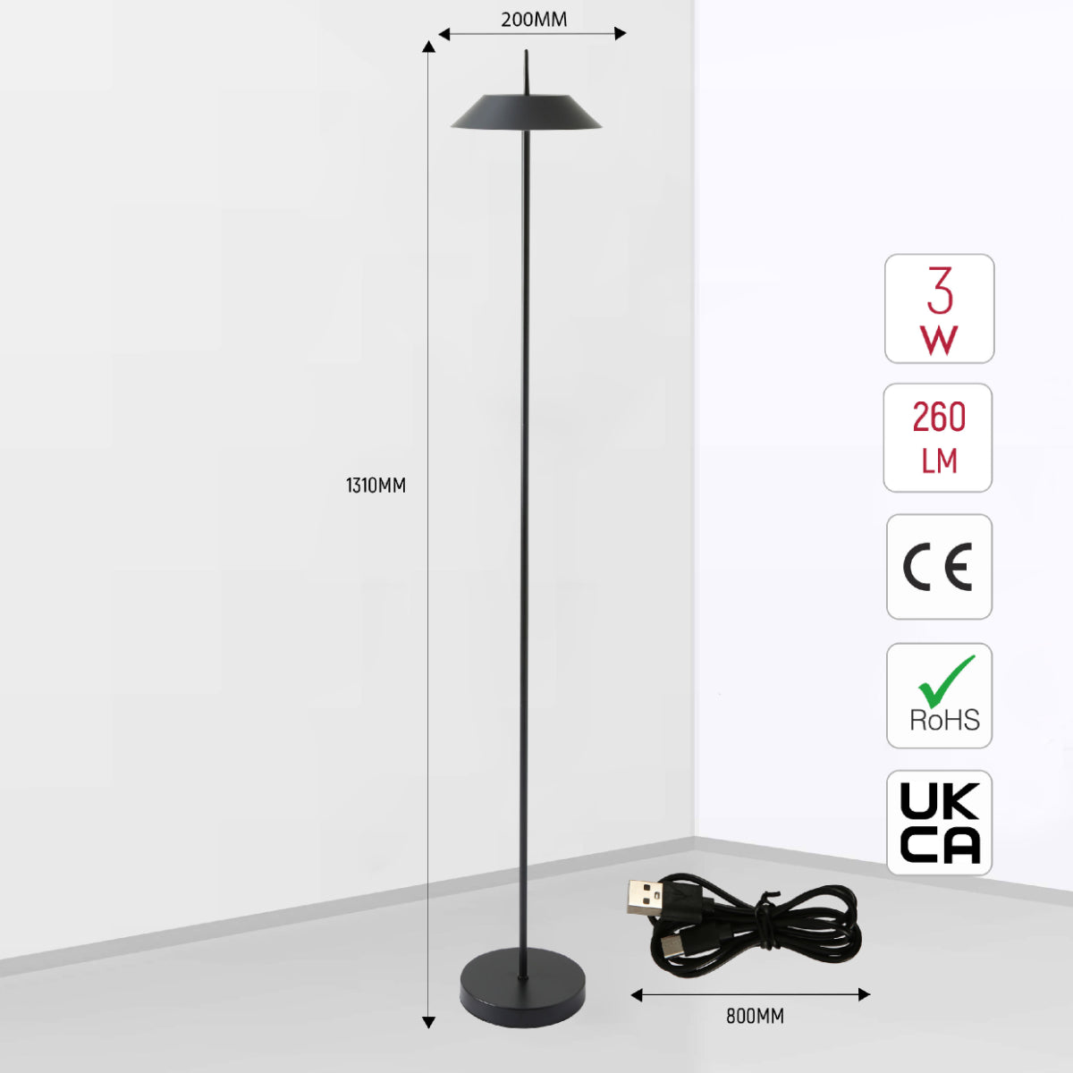 Size and certifications of Portable LED Floor Lamp with Dimmable CCT - Sleek Design, 131cm 130-03538
