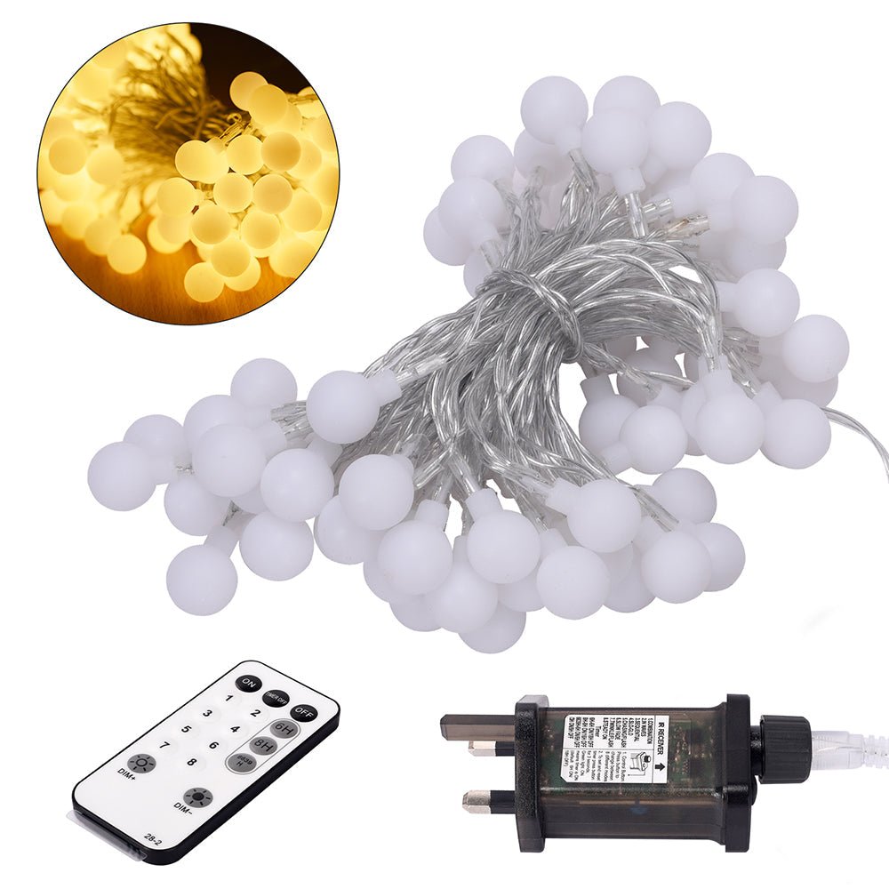 Contents and close up of Puppis LED Globe Light 100 LEDs 15m with Power Adaptor Warm White & Remote Control LED String Light
