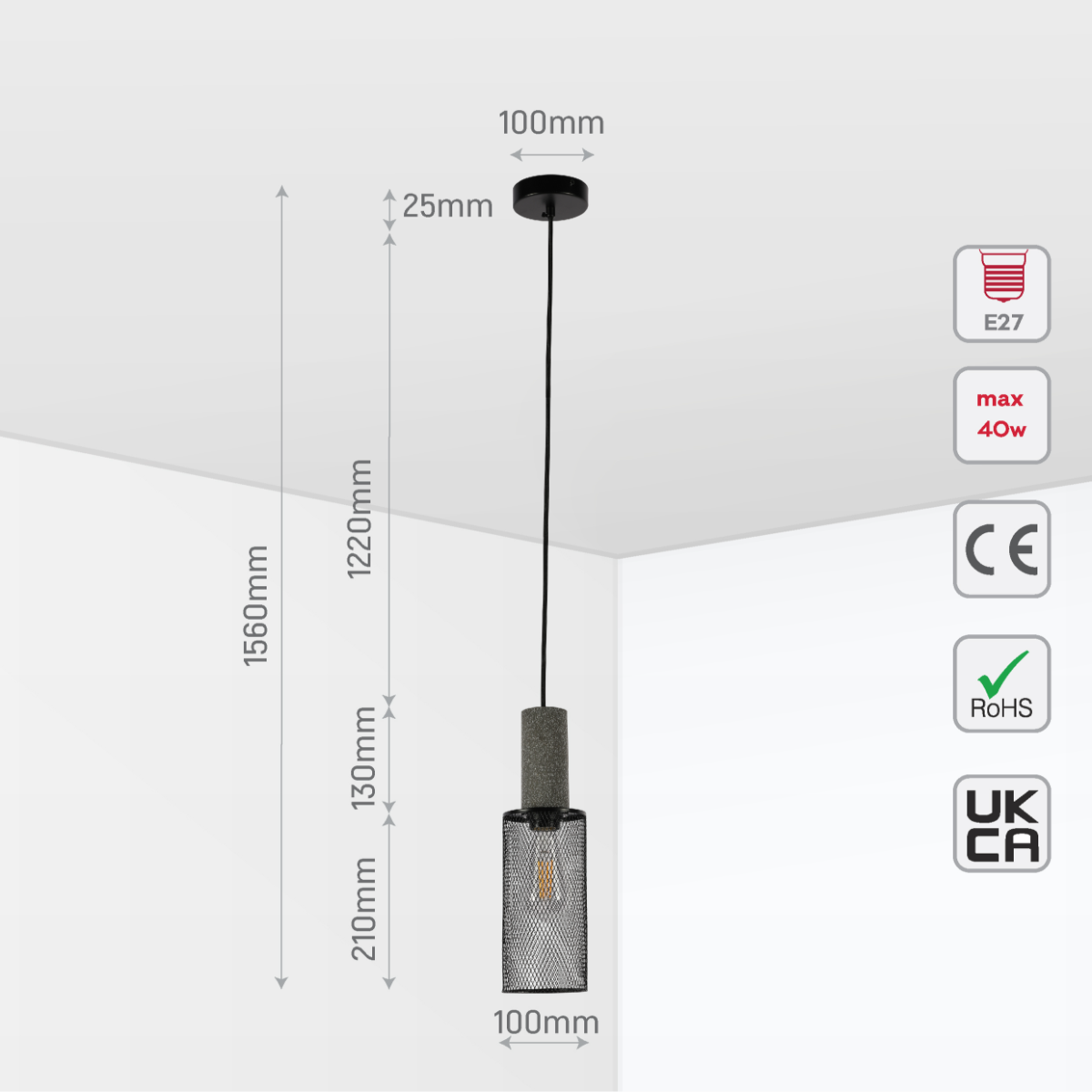 Size and certifications of Quartet of Textured Concrete Pendant Lights with Metal Shades - TEKLED 150-19050