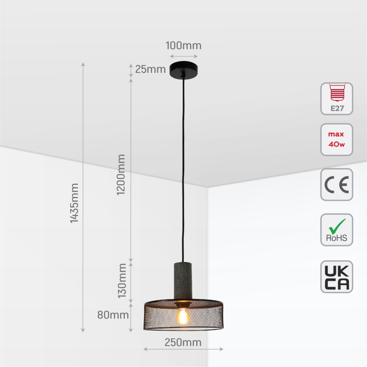 Size and certifications of Quartet of Textured Concrete Pendant Lights with Metal Shades - TEKLED 150-19054