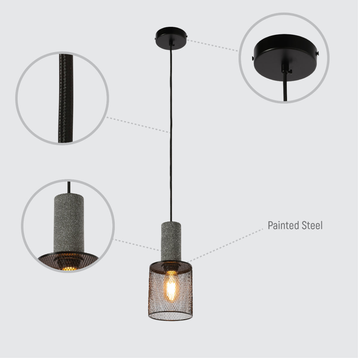 Lighting properties of Quartet of Textured Concrete Pendant Lights with Metal Shades - TEKLED 150-19056