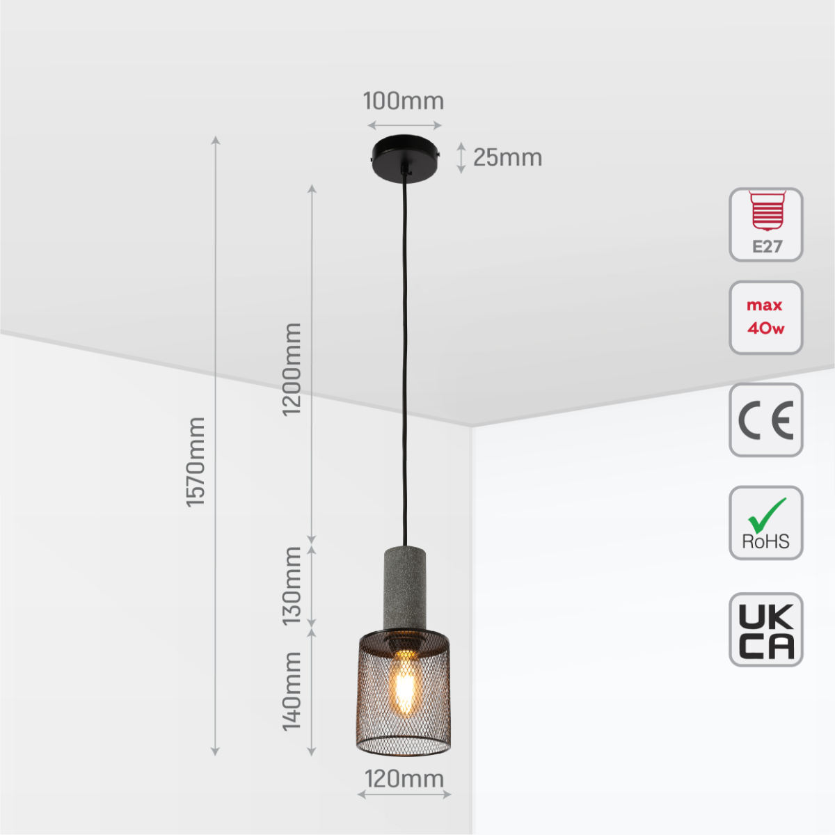 Size and certifications of Quartet of Textured Concrete Pendant Lights with Metal Shades - TEKLED 150-19056