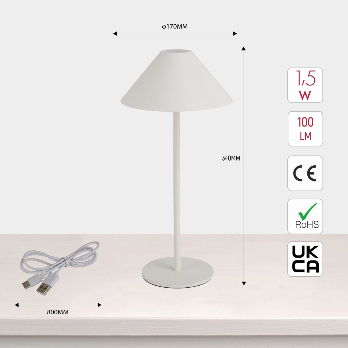 Size and certifications of Rechargeable Dual-Source Cone LED Lamp 130-03748