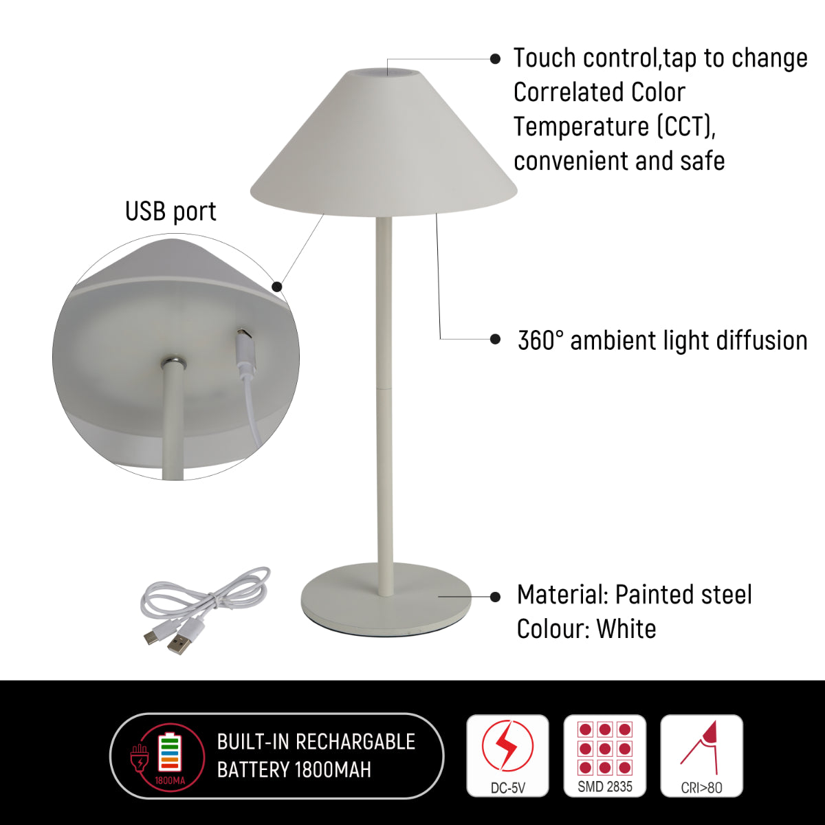 Technical specs of Rechargeable Dual-Source Cone LED Lamp 130-03748