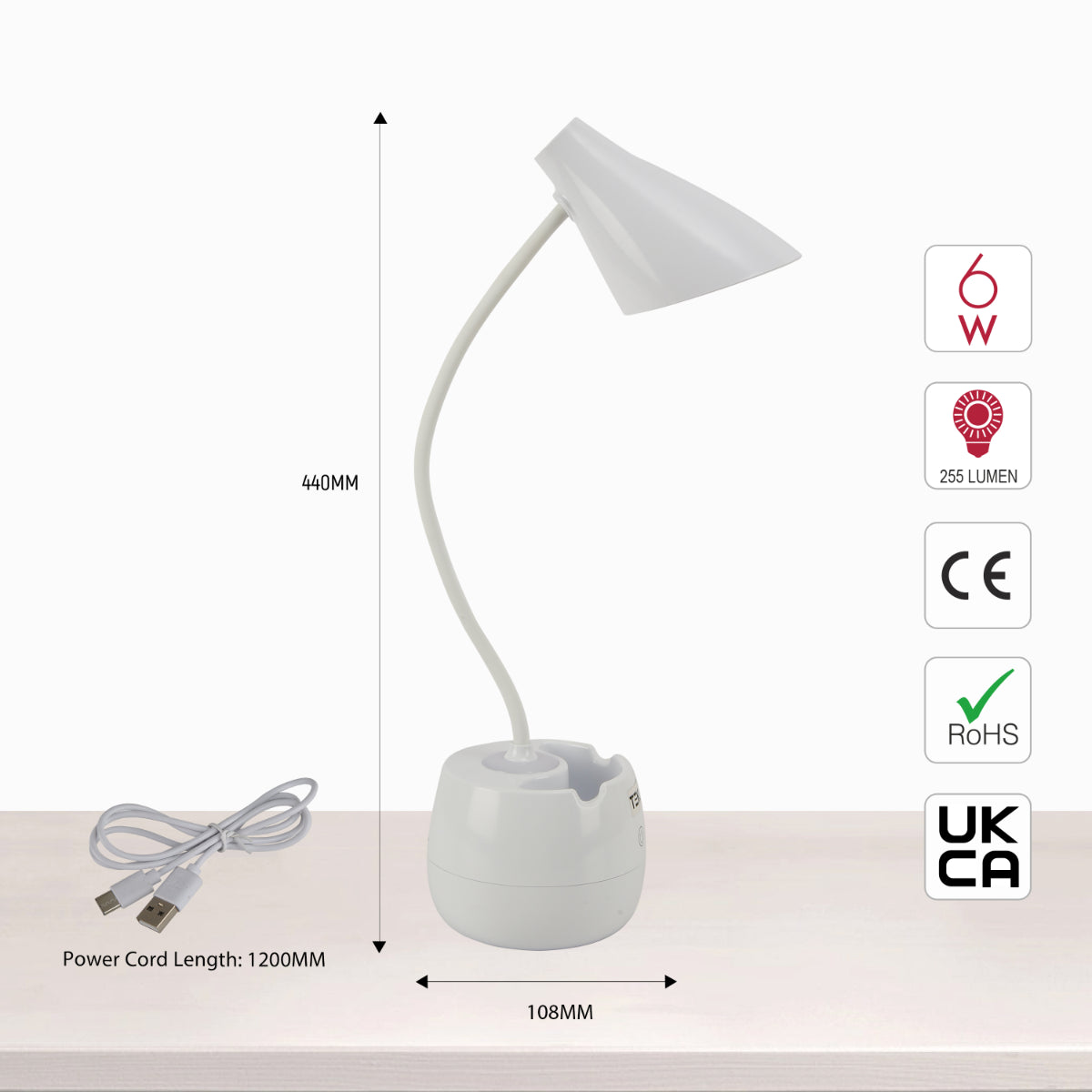 Size and certifications of Rechargeable Gooseneck Desk Lamp with Cone Head and Pencil Holder 130-03761