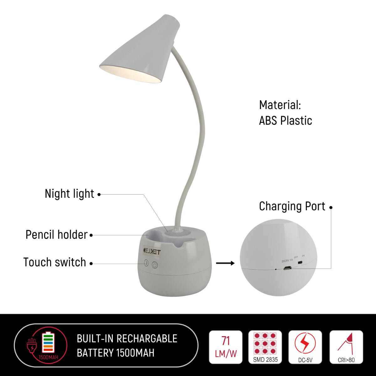 Technical specs of Rechargeable Gooseneck Desk Lamp with Cone Head and Pencil Holder 130-03761
