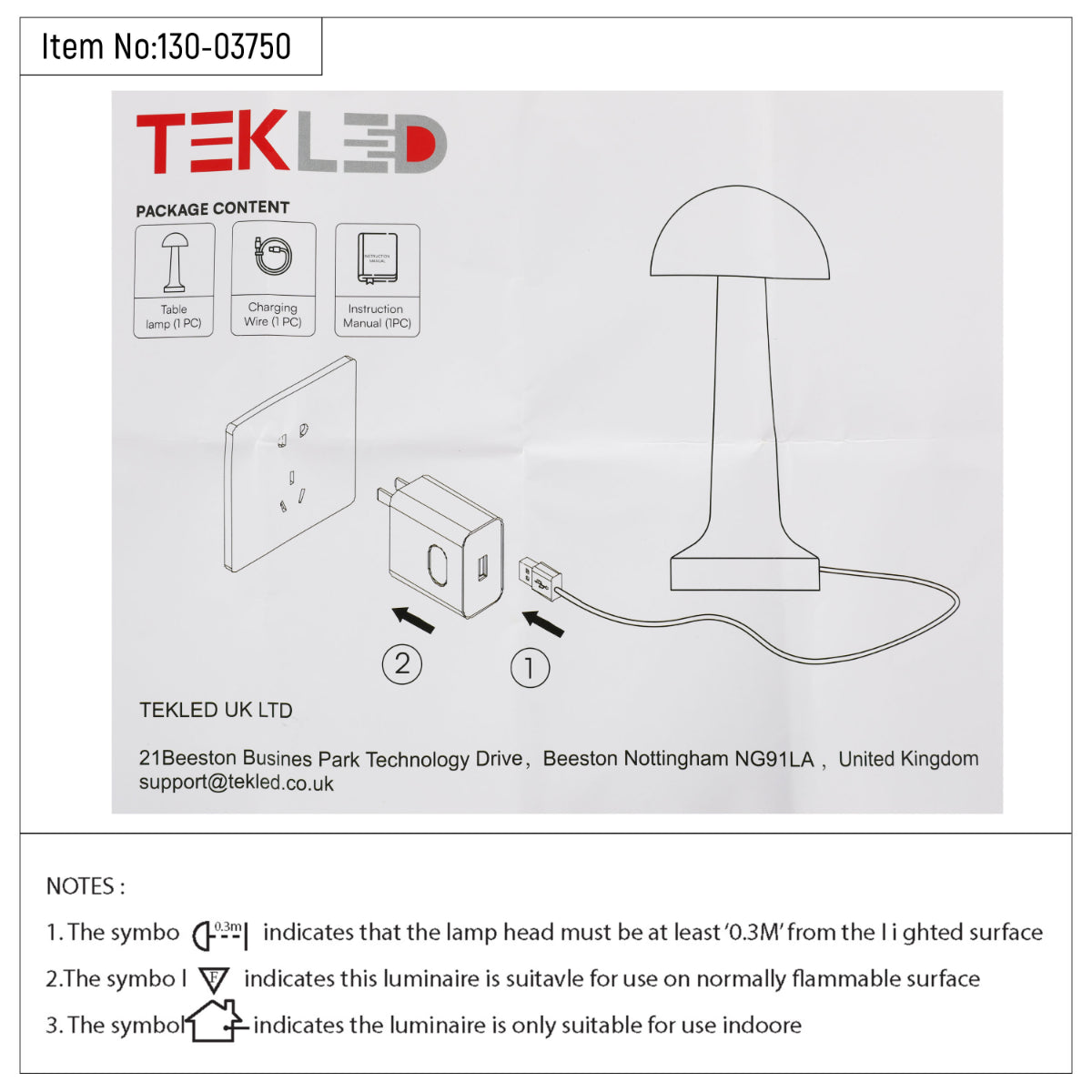 Technical specs of Rechargeable Steel Mushroom Table Lamp 130-03750