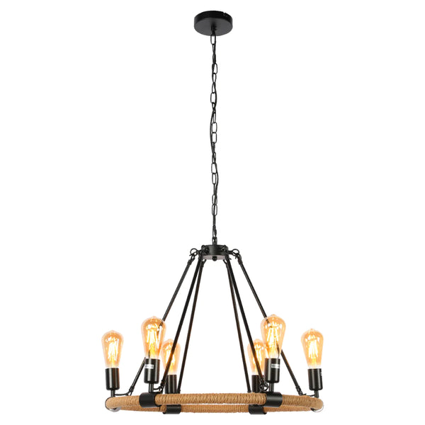 Main image of Rustic Charm Jute-Wrapped Circle Chandelier | 6-Light Artisanal Accent Fixture | TEKLED 158-17904