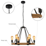 Close up of Rustic Charm Jute-Wrapped Circle Chandelier | 6-Light Artisanal Accent Fixture | TEKLED 158-17904