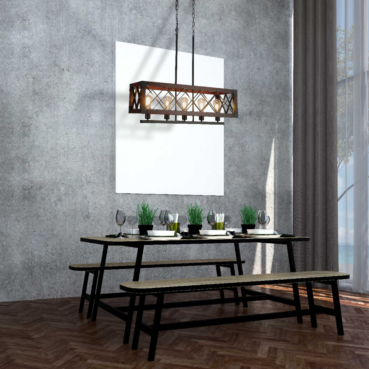 Where to use Rustic Rectangular Cage Chandelier - Wood Accent, 5-Light 150-19046