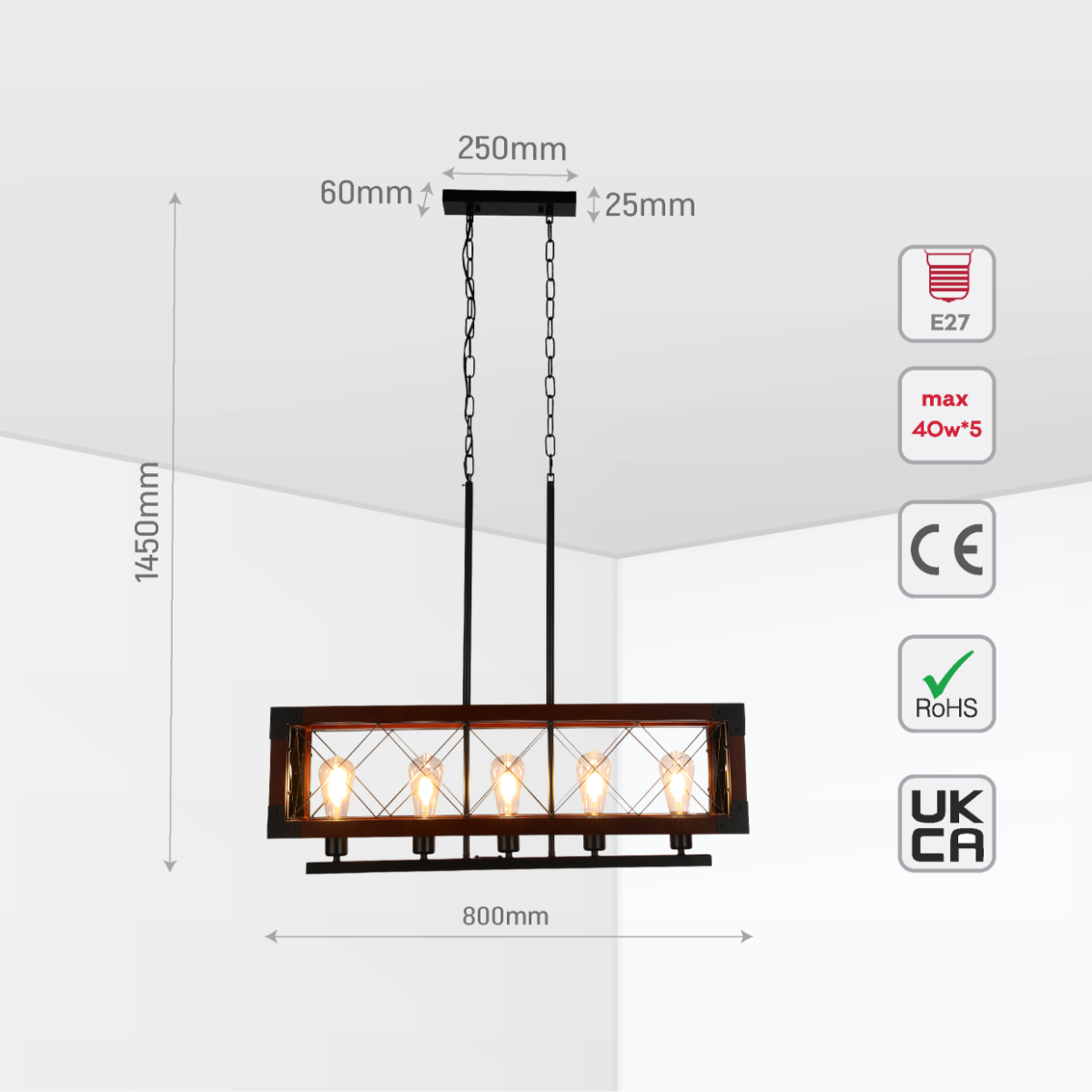 Size and certifications of Rustic Rectangular Cage Chandelier - Wood Accent, 5-Light 150-19046