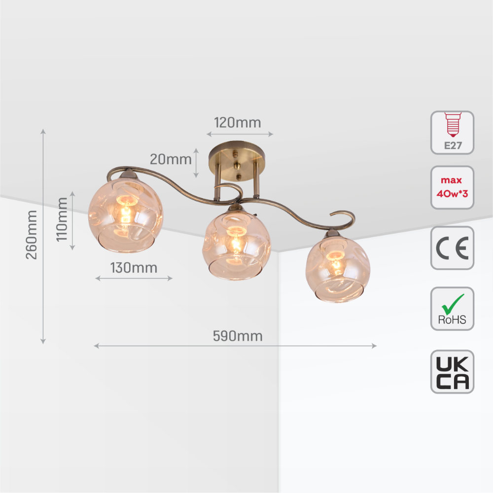 Size and tech specs of S-Curve Antique Brass and Dimpled Amber Globe Light | TEKLED 159-179980