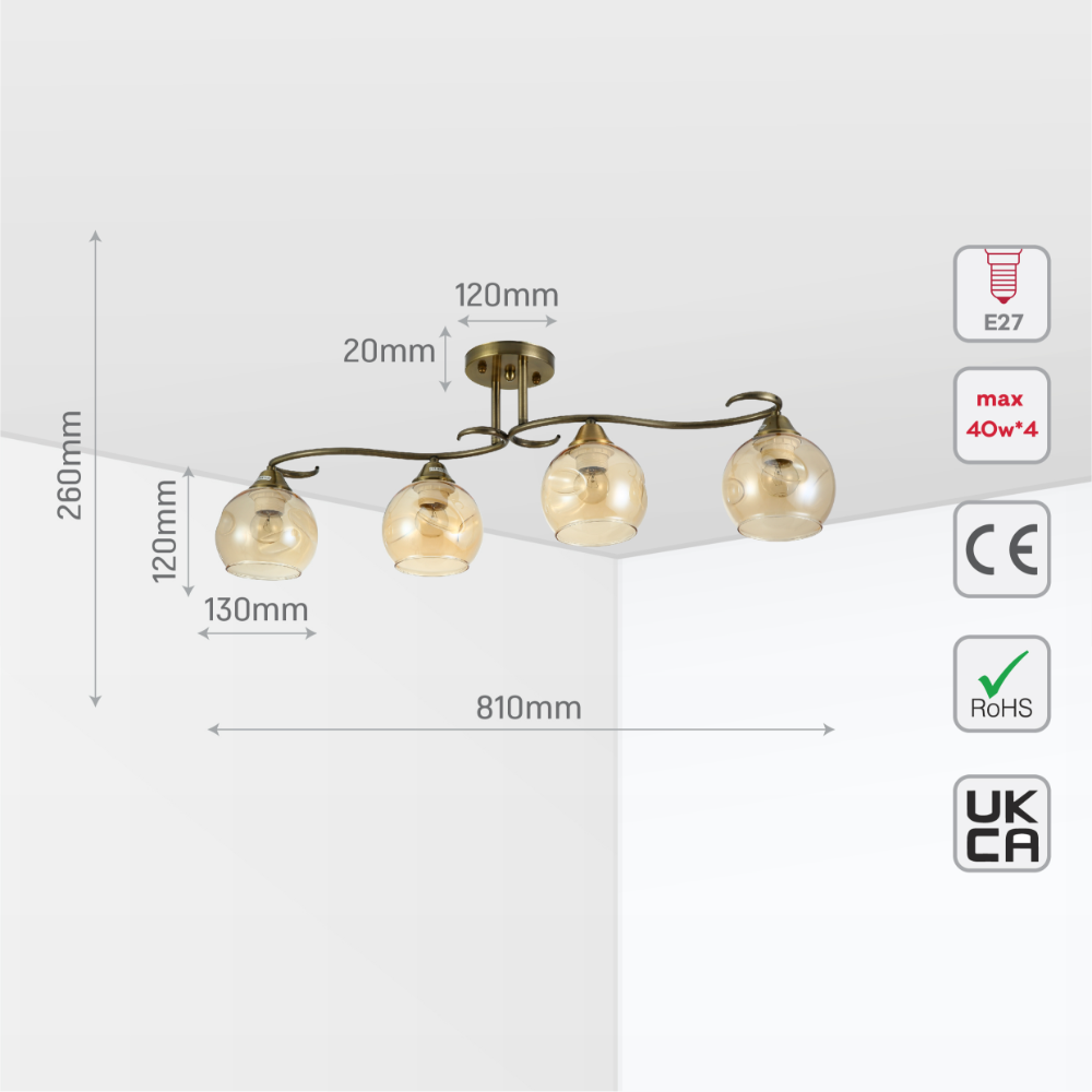 Size and tech specs of S-Curve Antique Brass and Dimpled Amber Globe Light | TEKLED 159-179981