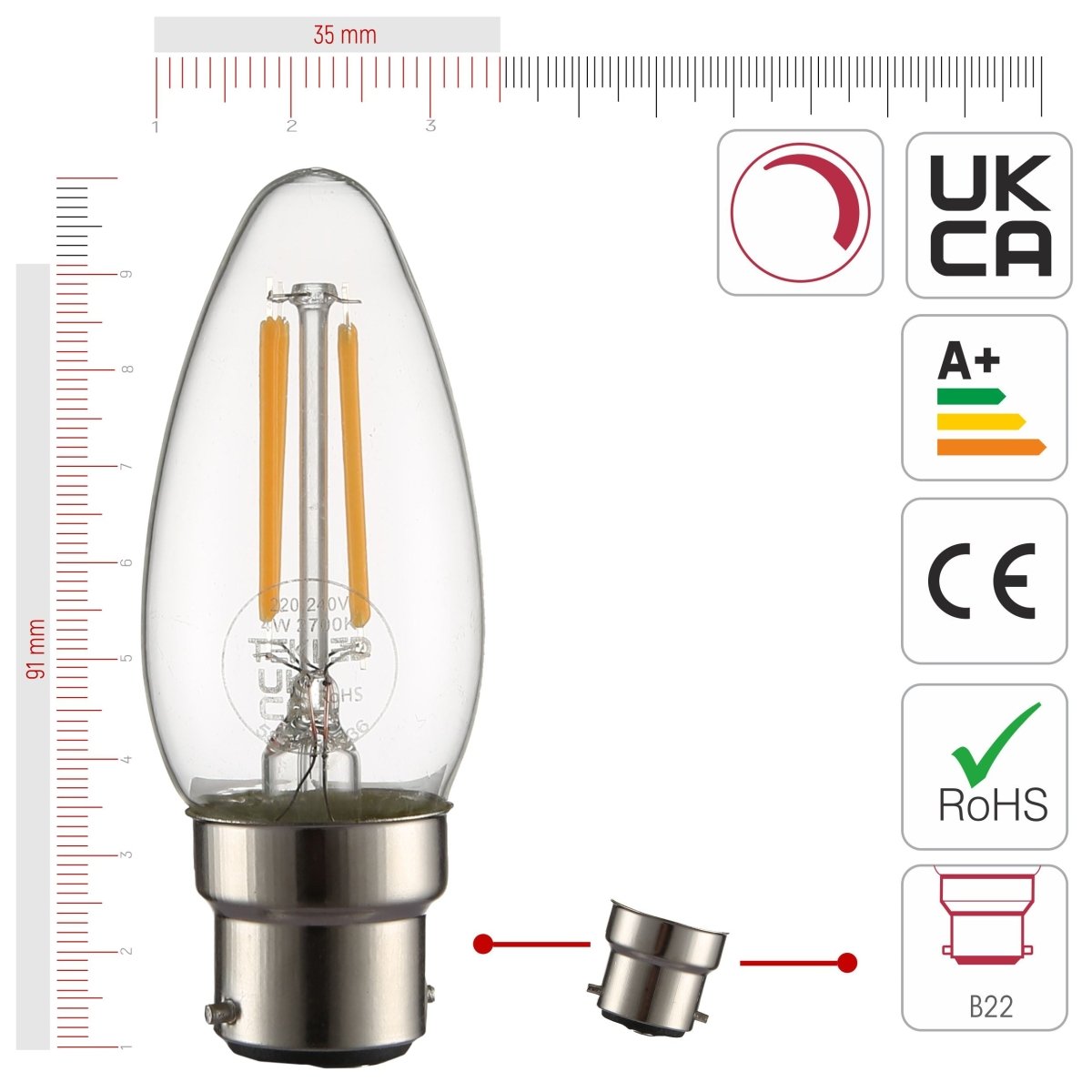 Size and certifications of LED Dimmable Filament Bulb C35 Candle B22 Bayonet Cap 4W 470lm Warm White 2700K Clear Pack of 6 | TEKLED 583-150636