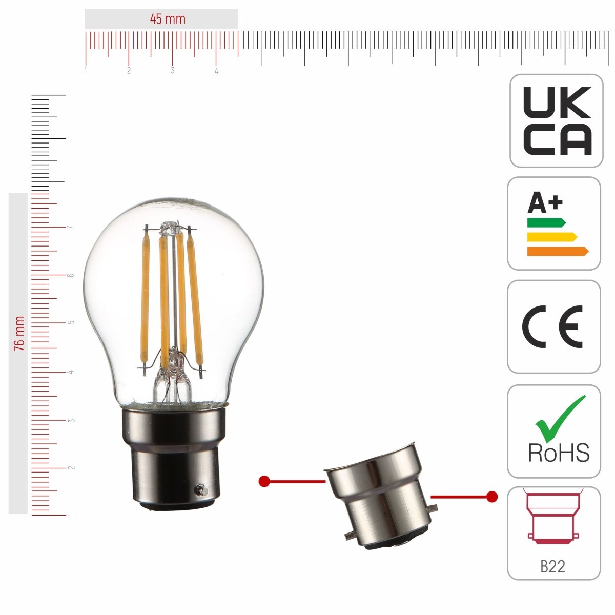 Size and certifications of LED Dimmable Filament Bulb G45 Golf Ball B22 Bayonet Cap 4W 470lm Warm White 2700K Clear Pack of 4 | TEKLED 583-150264