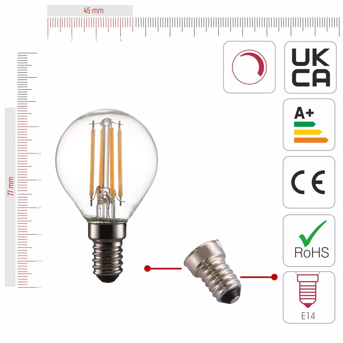 Size and certifications of LED Dimmable Filament Bulb P45 Golf Ball E14 Small Edison Screw 4W 470lm Warm White 2700K Clear Pack of 4 | TEKLED 583-150224