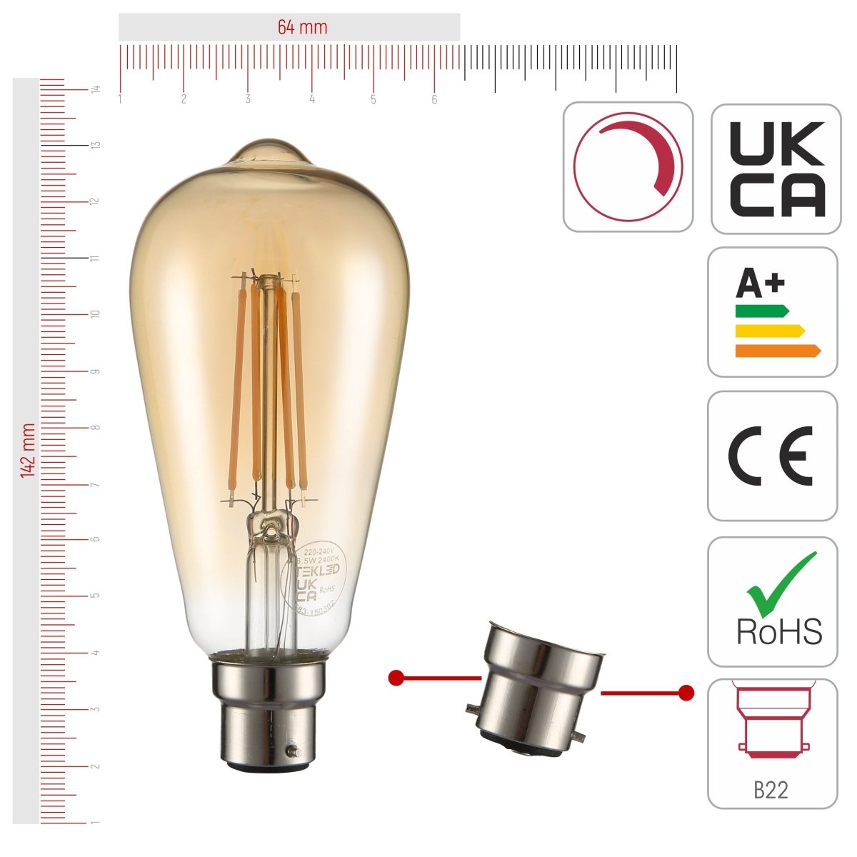 Size and certifications of LED Dimmable Filament Bulb ST64 Edison B22 Bayonet Cap 6.5W 680lm Warm White 2400K Amber Pack of 2 | TEKLED 583-150392