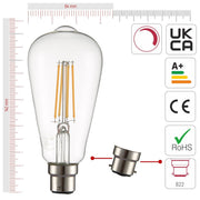 Size and certifications of LED Dimmable Filament Bulb ST64 Edison B22 Bayonet Cap 6.5W 806lm Warm White 2700K Clear Pack of 2 | TEKLED 583-150332