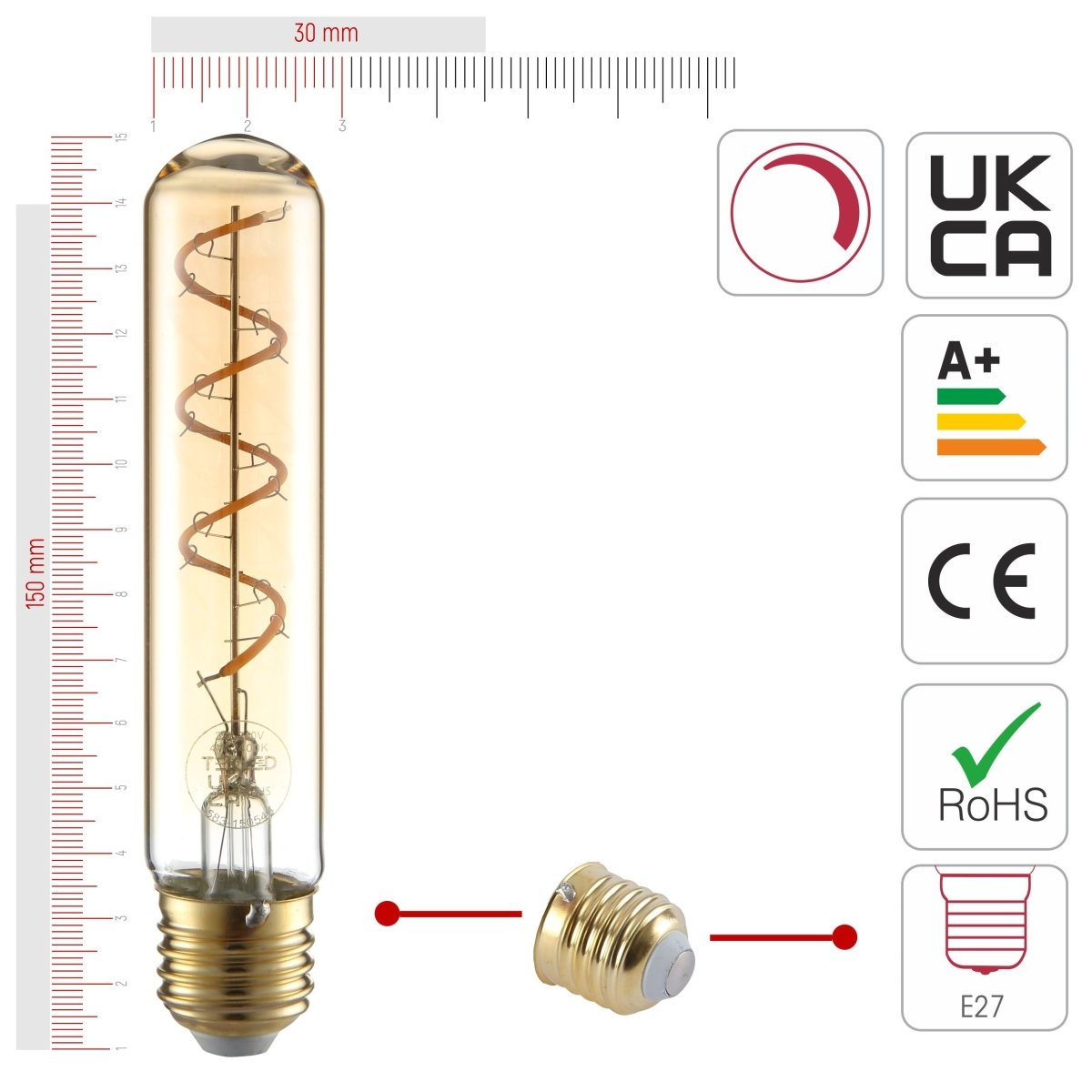 Size and certifications of LED Dimmable Filament Bulb T30 Tubular E27 Edison Screw 4W 240lm 150mm Warm White 2400K Amber Pack of 4 | TEKLED 583-150545
