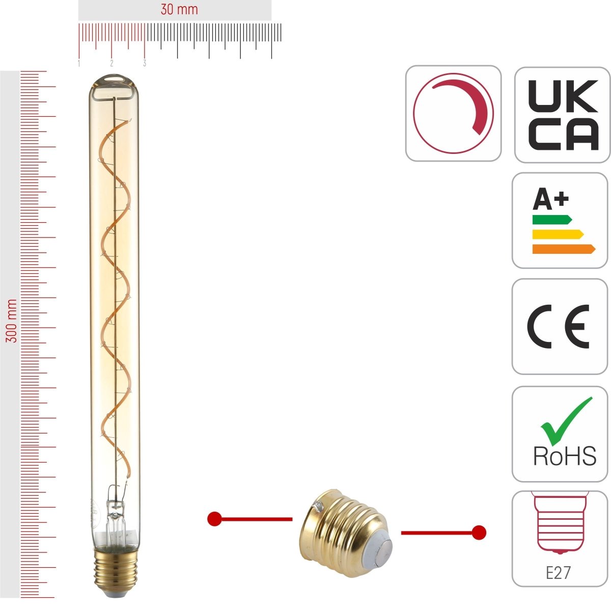 Size and certifications of LED Dimmable Filament Bulb T30 Tubular E27 Edison Screw 4W 240lm 300mm Warm White 2400K Amber Pack of 4 | TEKLED 583-150585