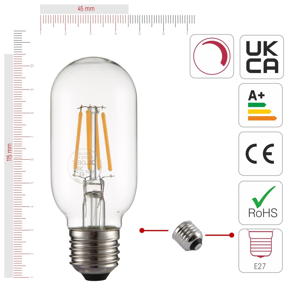 Size and certifications of LED Dimmable Filament Bulb T45 Tubular E27 Edison Screw 4W 470lm Warm White 2700K Clear Pack of 4 | TEKLED 583-150525