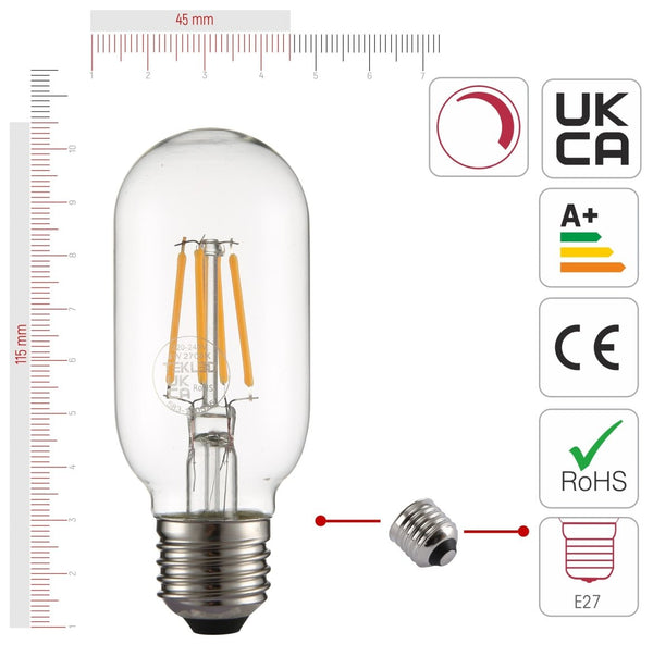 Size and certifications of LED Dimmable Filament Bulb T45 Tubular E27 Edison Screw 4W 470lm Warm White 2700K Clear Pack of 4 | TEKLED 583-150525