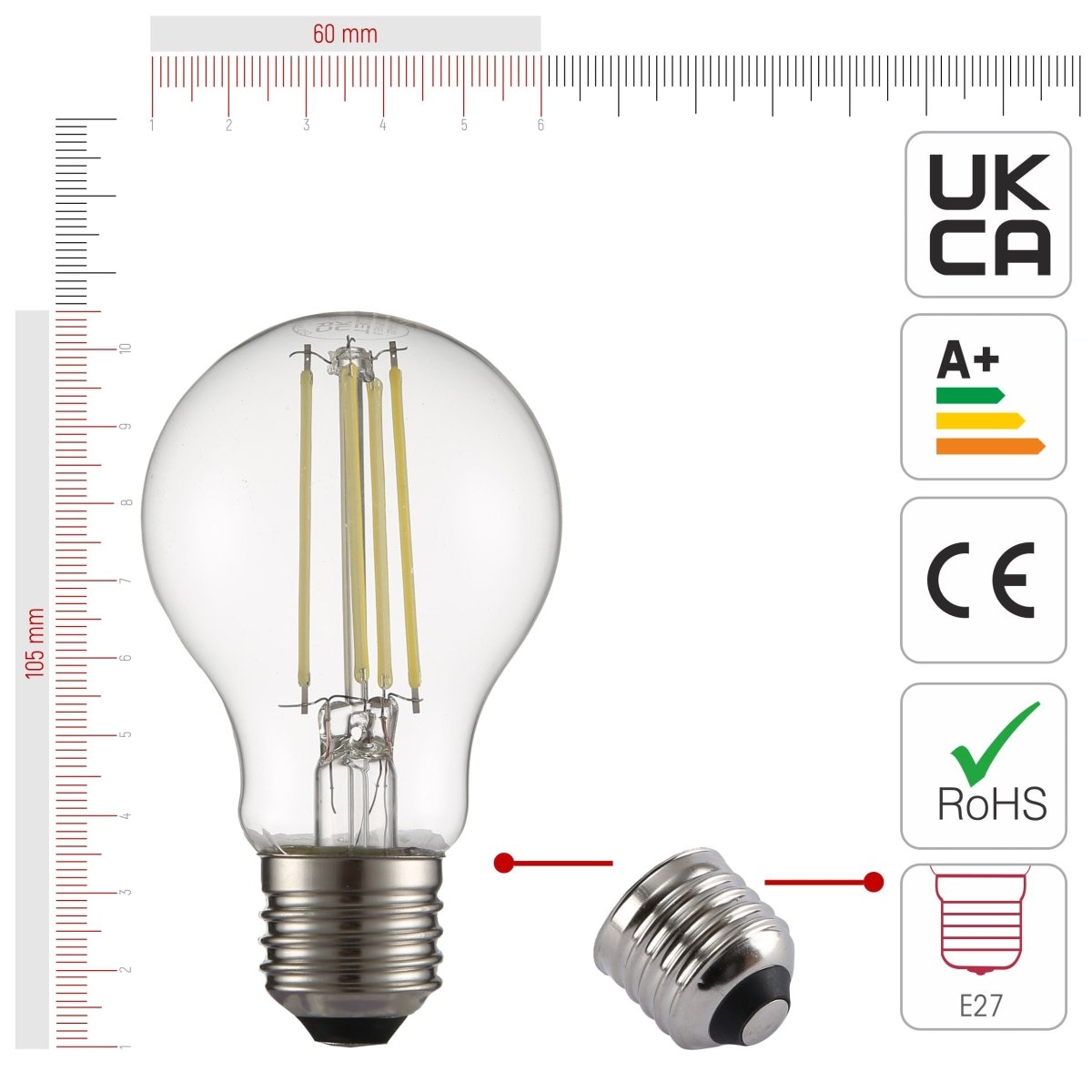 Size and certifications of LED Filament Bulb A60 GLS E27 Edison Screw 6.5W 806lm Cool Daylight 6500K Clear Pack of 4 | TEKLED 583-150064