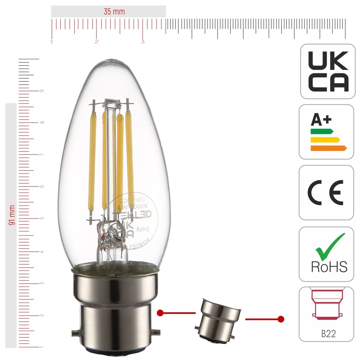 Size and certifications of LED Filament Bulb C35 Candle B22 Bayonet Cap 4W 470lm Cool White 4000K Clear Pack of 6 | TEKLED 583-150604