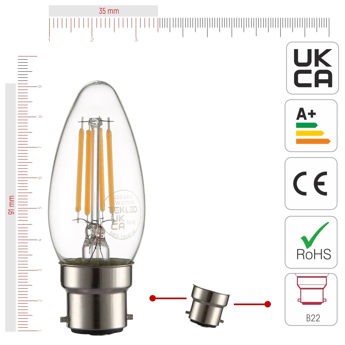 Size and certifications of LED Filament Bulb C35 Candle B22 Bayonet Cap 4W 470lm Warm White 2700K Clear Pack of 6 | TEKLED 583-150616