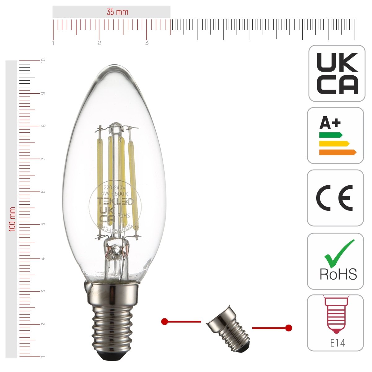 Size and certifications of LED Filament Bulb C35 Candle E14 Small Edison Screw 4W 470lm Cool Daylight 6500K Clear Pack of 6 | TEKLED 583-150605