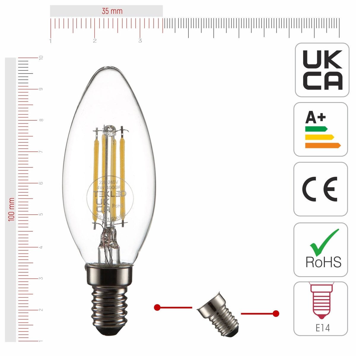 Size and certifications of LED Filament Bulb C35 Candle E14 Small Edison Screw 4W 470lm Cool White 4000K Clear Pack of 6 | TEKLED 583-150603