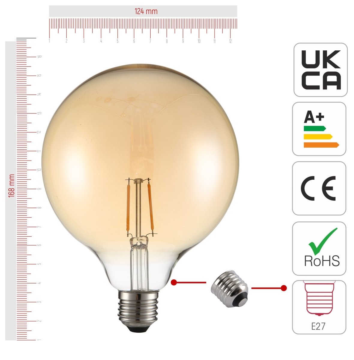 Size and certifications of LED Filament Bulb G125 Globe E27 Edison Screw 2W 220lm Warm White 2400K Amber