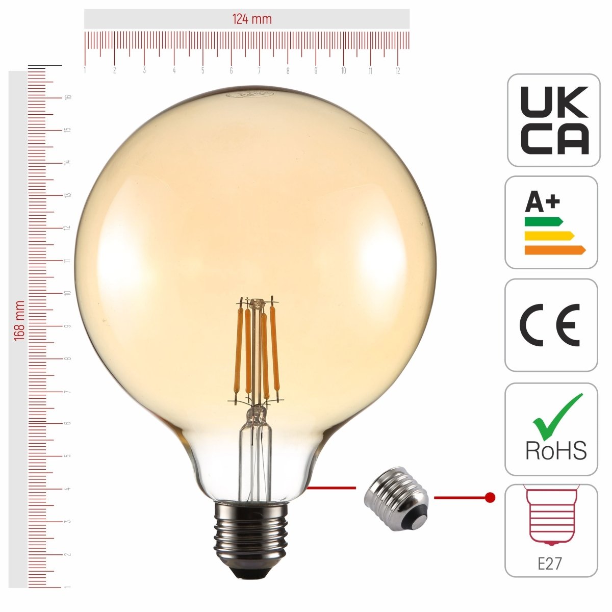 Size and certifications of LED Filament Bulb G125 Globe E27 Edison Screw 4W 410lm Warm White 2400K Amber