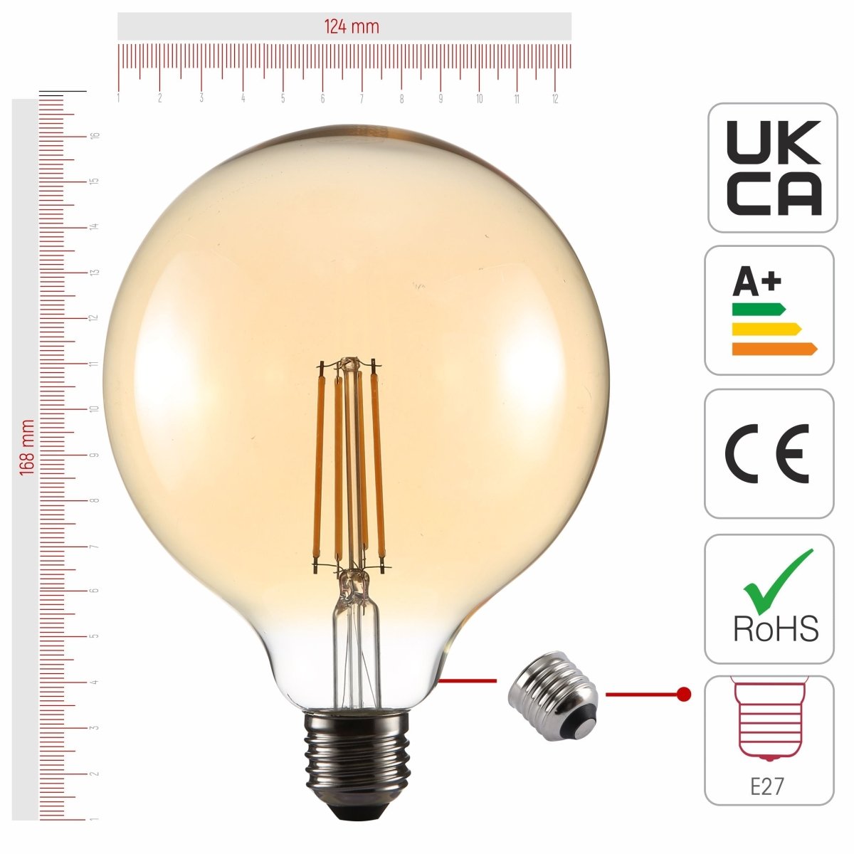Size and certifications of LED Filament Bulb G125 Globe E27 Edison Screw 6.5W 680lm Warm White 2400K Amber