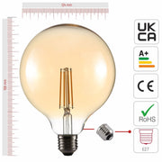 Size and certifications of LED Filament Bulb G125 Globe E27 Edison Screw 6.5W 680lm Warm White 2400K Amber