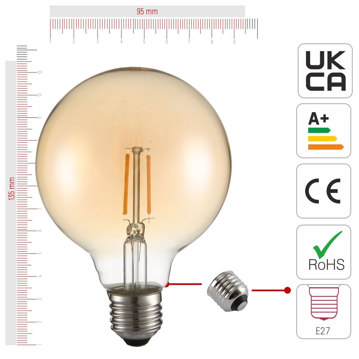 Size and certifications of LED Filament Bulb G95 Globe E27 Edison Screw 2W 220lm Warm White 2400K Amber