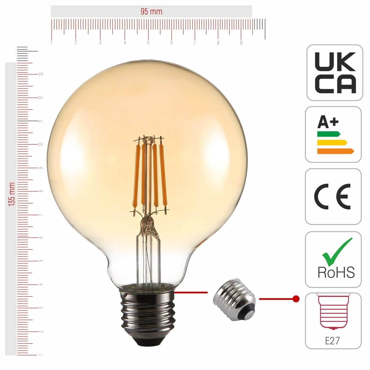 Size and certifications of LED Filament Bulb G95 Globe E27 Edison Screw 4W 410lm Warm White 2400K Amber