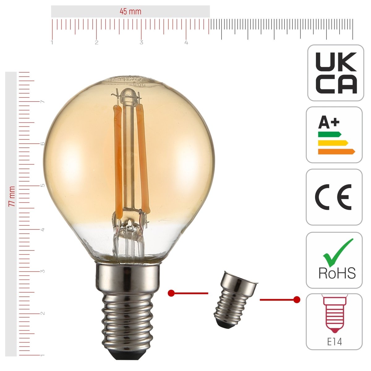 Size and certifications of LED Filament Bulb P45 Golf Ball E14 Small Edison Screw 2W 220lm Warm White 2400K Amber Pack of 4 | TEKLED 583-150222