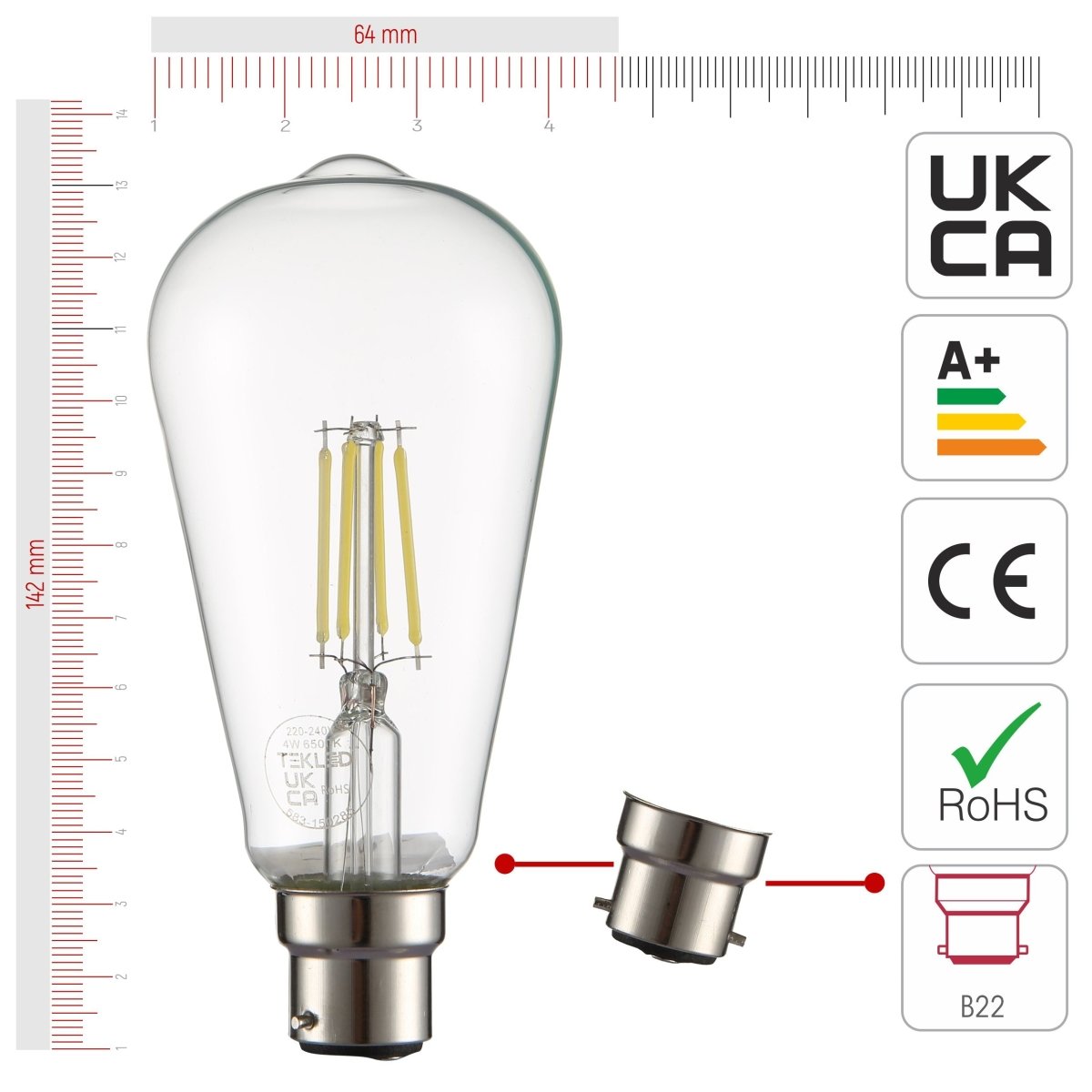 Size and certifications of LED Filament Bulb ST64 Edison B22 Bayonet Cap 4W 470lm Cool Daylight 6500K Clear Pack of 4 | TEKLED 583-150285