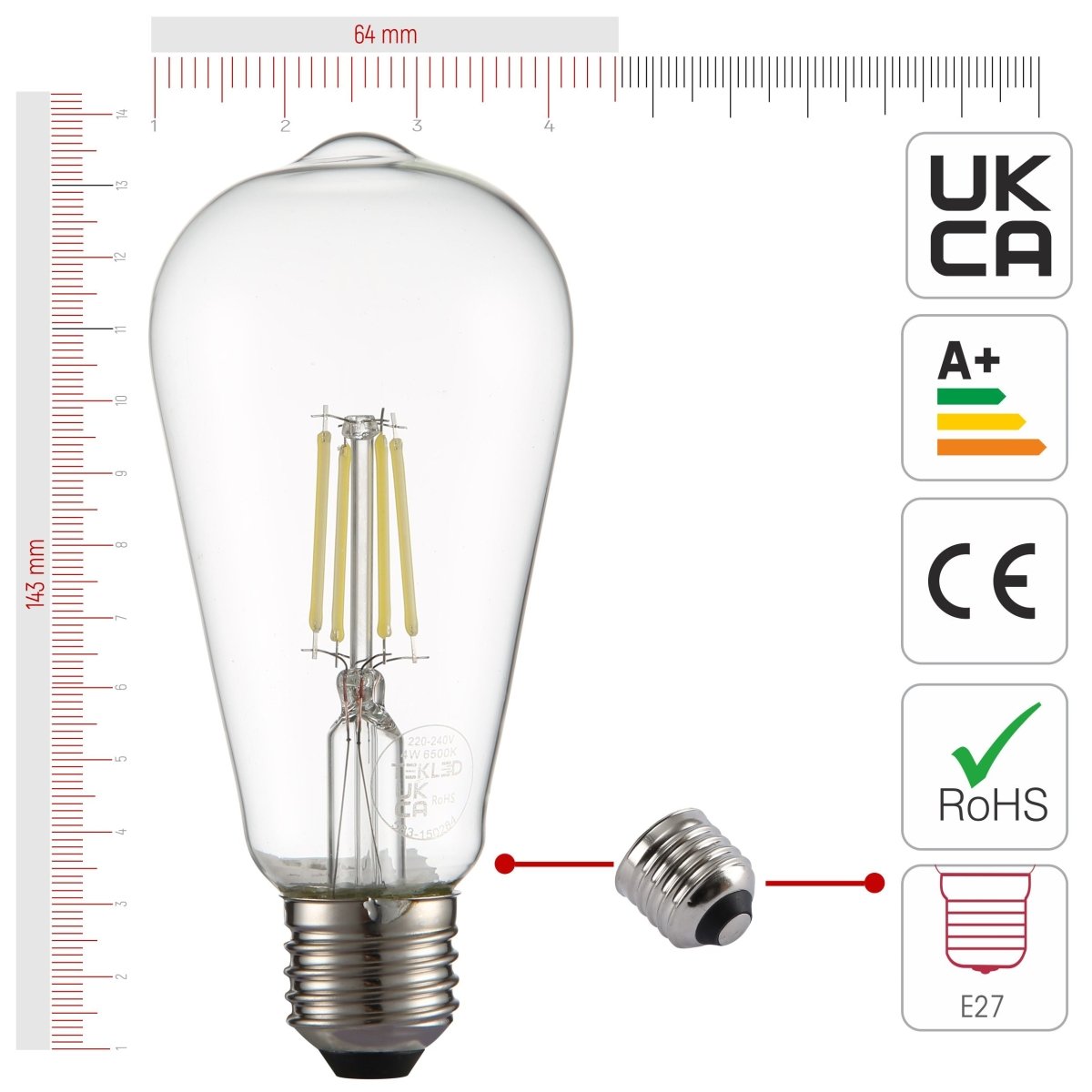 Size and certifications of LED Filament Bulb ST64 Edison E27 Edison Screw 4W 470lm Cool Daylight 6500K Clear Pack of 4 | TEKLED 583-150284